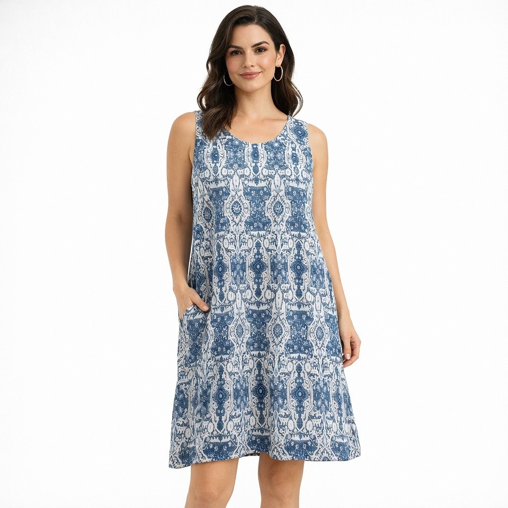 Rachel Zoe Blue White Medallion 100% Linen Shift Dress Pockets Large L Boho